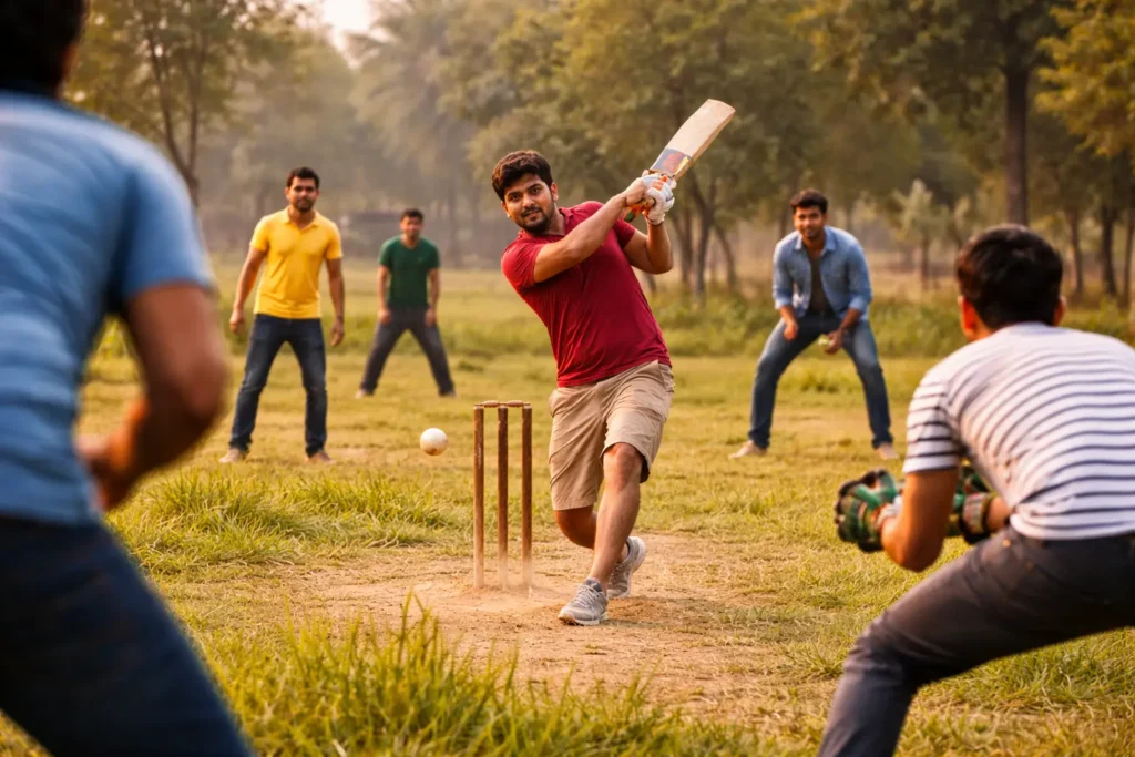 boys playing Cricket match at sunset serenity