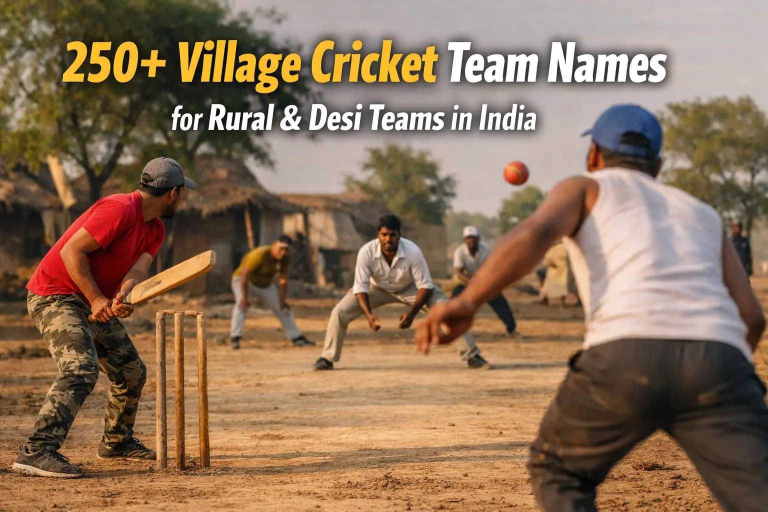 Men playing cricket in an Indian village ground during a local match, representing village cricket team names and rural desi cricket culture