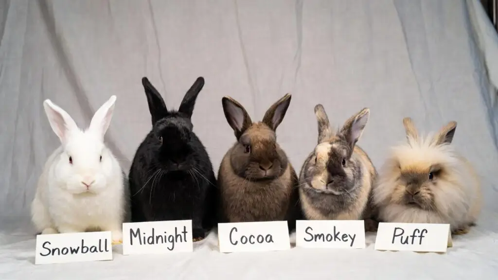 Five cute dwarf rabbits sitting in a row on grey fabric with name signs: white Snowball, black Midnight, brown Cocoa, grey Smokey, and fluffy cream Puff