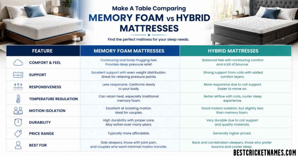 Make A Table Comparing Memory Foam vs Hybrid Mattresses